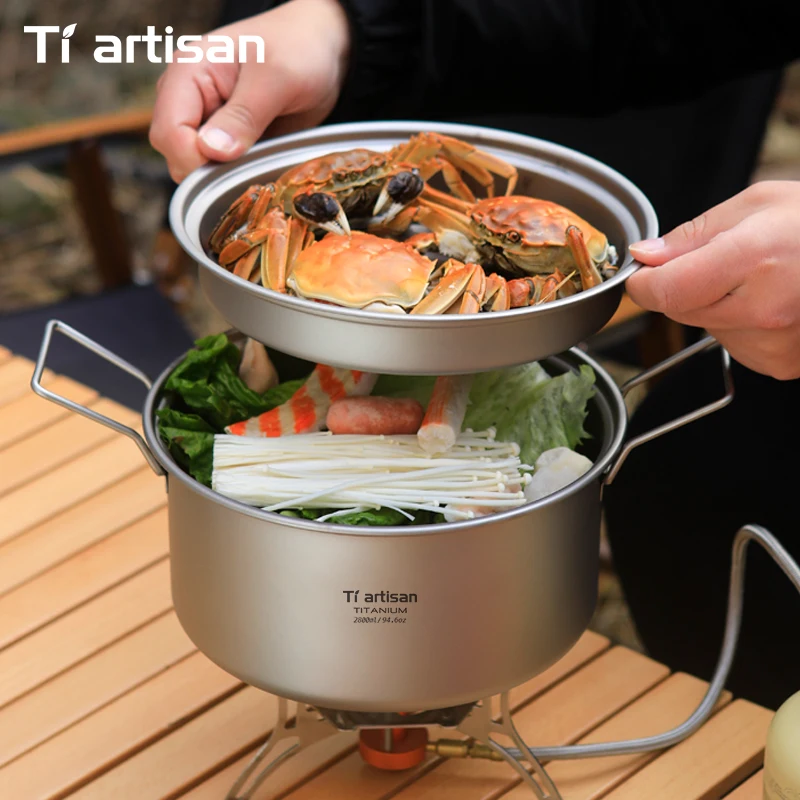 Tiartisan 2.1L/ 2.8L Titanium Camping Soup Pot Set Outdoor Lightweight Steamer with Steam Compartment Multi Functional Cookware