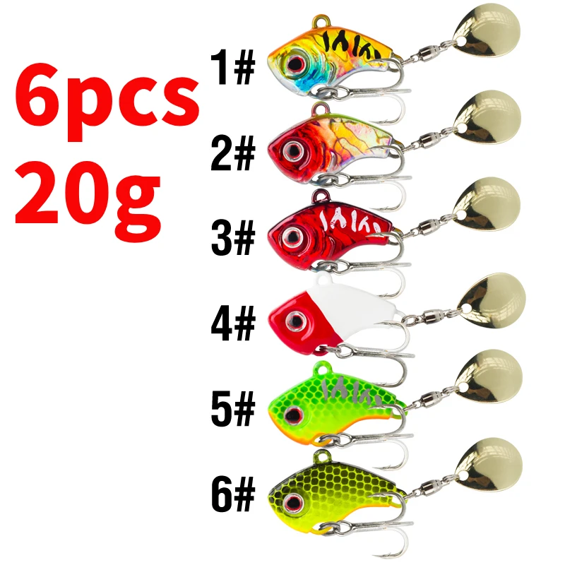 6PC 5g/7g/10g/14g/20g Roterende Metalen Vib Zinkende Vissen Lokken 3D Ogen Harde Aas Spinners Jigging Lokken Sequin Crankbait