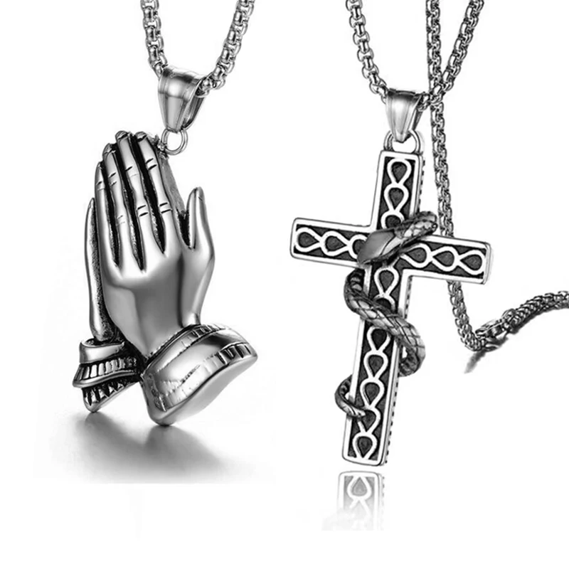 2PCS Hip-hop Retro Cross Prayer Palm Necklace Gothic-style Snake Entwined Cross Pendant Necklace Men's Gift Choice