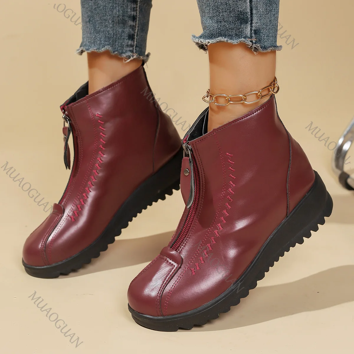 

Осенне-зимняя новая теплая хлопковая обувь с подкладкой, ботильоны для мам среднего возраста, повседневные удобные ботинки на плоской подошве с молнией спереди