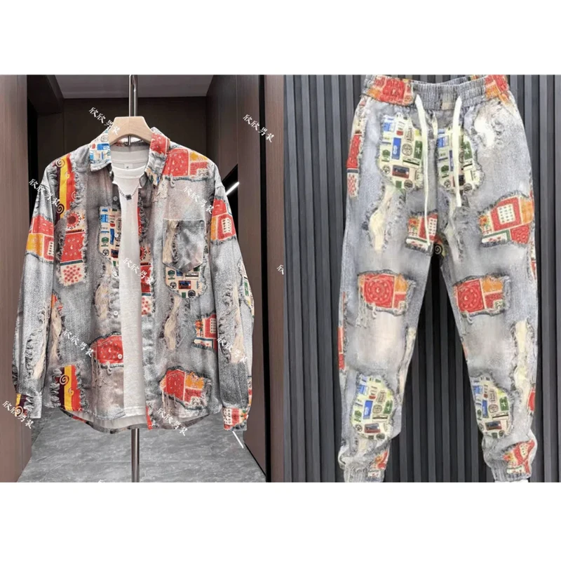 Retro Painted Print Set for Men Fashionable and Versatile Handsome Jacket Casual Pants Popular Two-piece Set