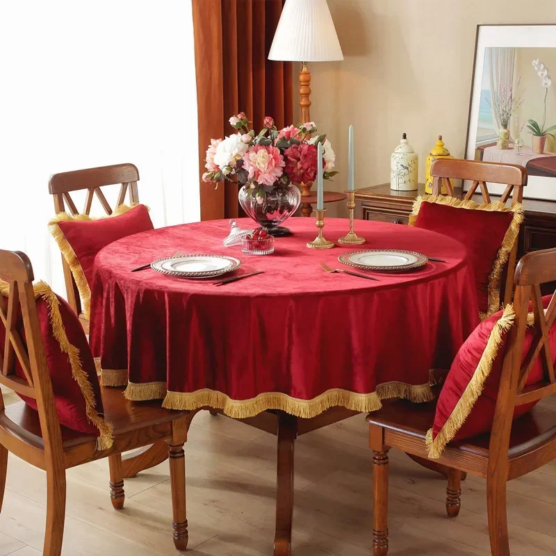 Soft Luxury Red Velvet Tablecloth with Gold Tassels Washable Dining Coffee Table Cover for Wedding Banquet Home Party