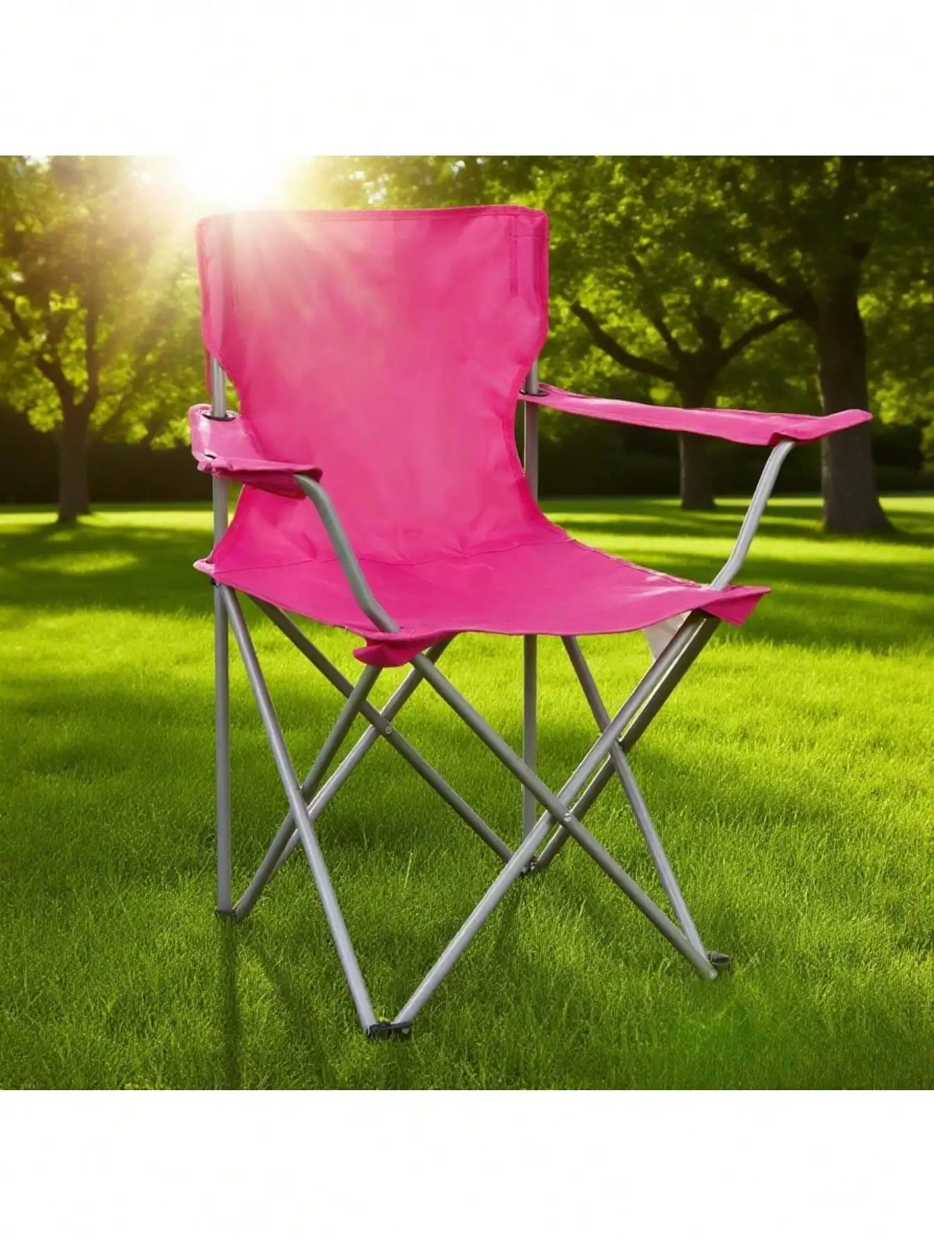

Quad Folding Camp Chair With Cup Holder, Pink, Quick-Fold For Camping, Compact Fold, Easy Store. Durable Frame Supports Adults