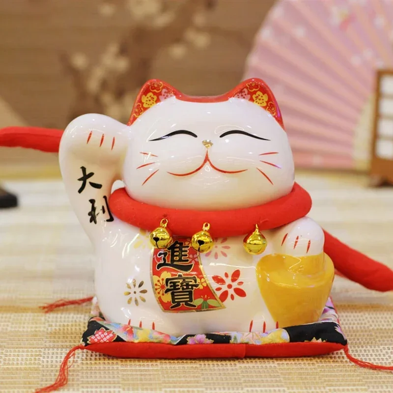 5.5 Inch Ceramic Maneki Neko Ornament Lucky Fortune Cat Feng Shui Decoration Figurine Piggy Bank Money Box With Placemat