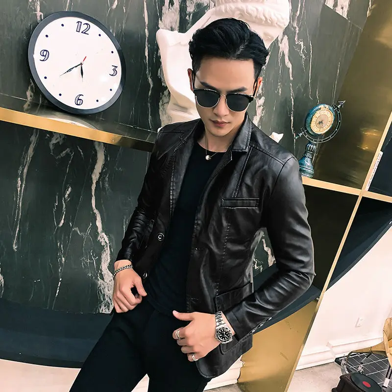 Thin Slim Fit Leather Jacket for Men Single Breasted New In Man Suits and Blazers Handsome Vintage Simple Casual Classic Coats