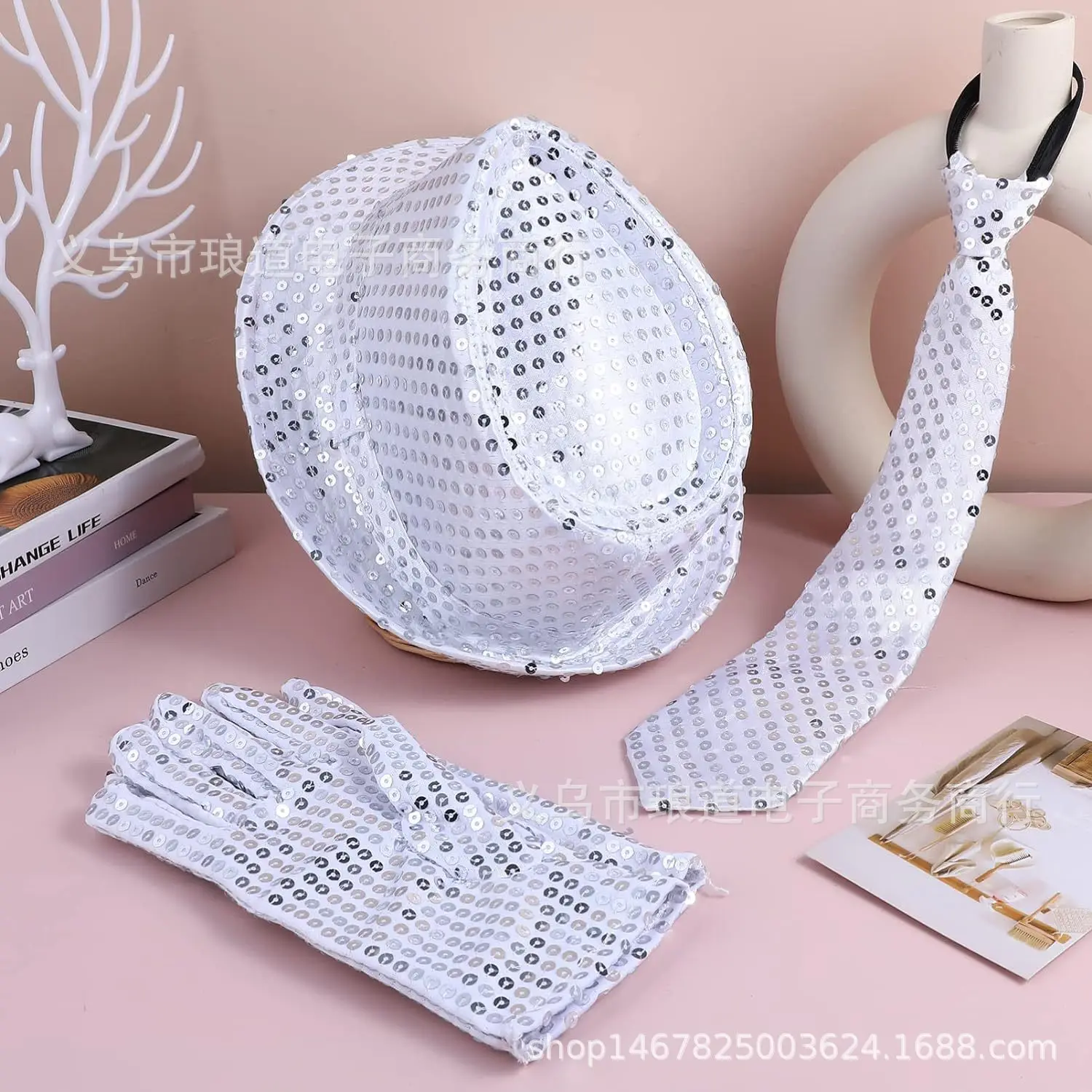 مجموعة قفازات ربطة عنق مزينة بالترتر لأداء المسرح وإكسسوارات مايكل جاكسون