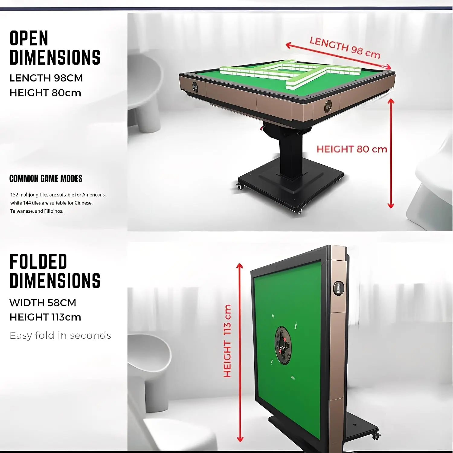 Foldable Automatic Mahjong Table with Wheels- 2 Sets of 42mm Numbered Tiles, Quiet Shuffling, USB Charging, Folding, Customized