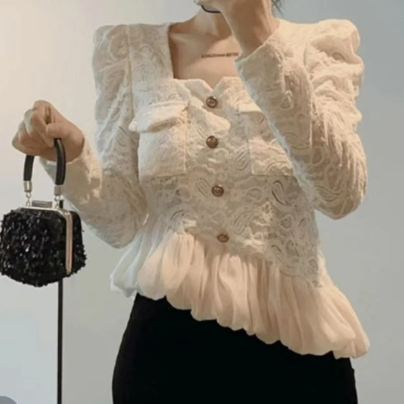 French openwork lace shirt women's spring and autumn new fashion temperament lotus leaf stitching design sense craft coat