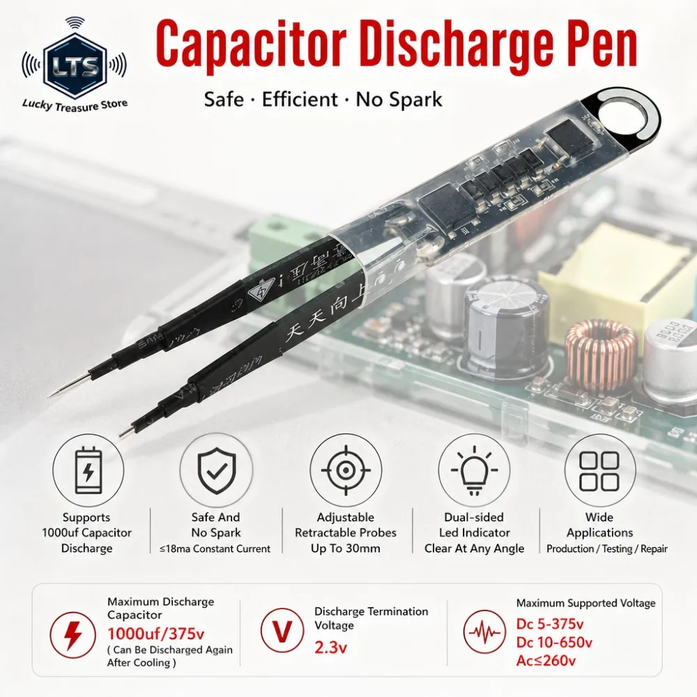 1000UF Capacitor Discharger Tool DC5-375V Tweezer Design Adjustable Spacing LED Indicator Electronic Maintenance Repair Pen