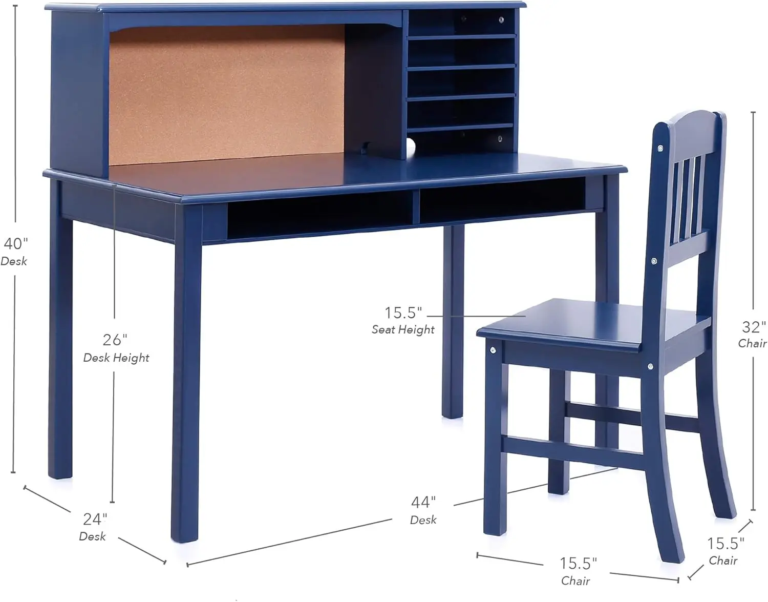 Children’s Media Desk and Chair Set Navy: Student's Study, Computer and Writing Workstation with Hutch and Shelves, Wooden Kids