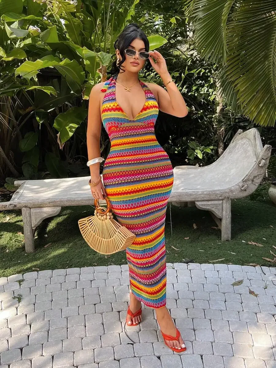

Womens V-Neck Halter Maxi Dress With Geometric Print Slim Fit Sleeveless Summer Holiday Dress