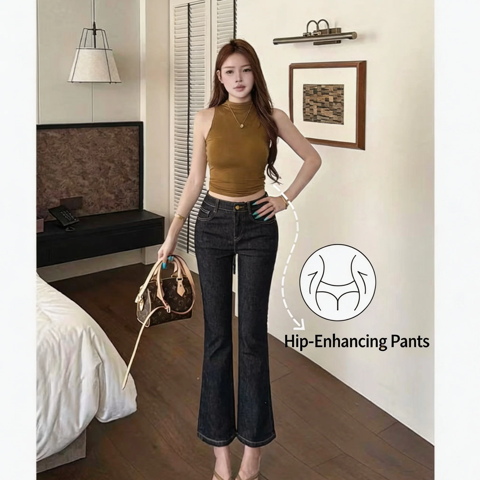 Vintage Denim Blue Hip-enhancing Cropped Flare Jeans for Women, Summer Bestseller High Waist Slim Fit Elegant Micro Flare Pants