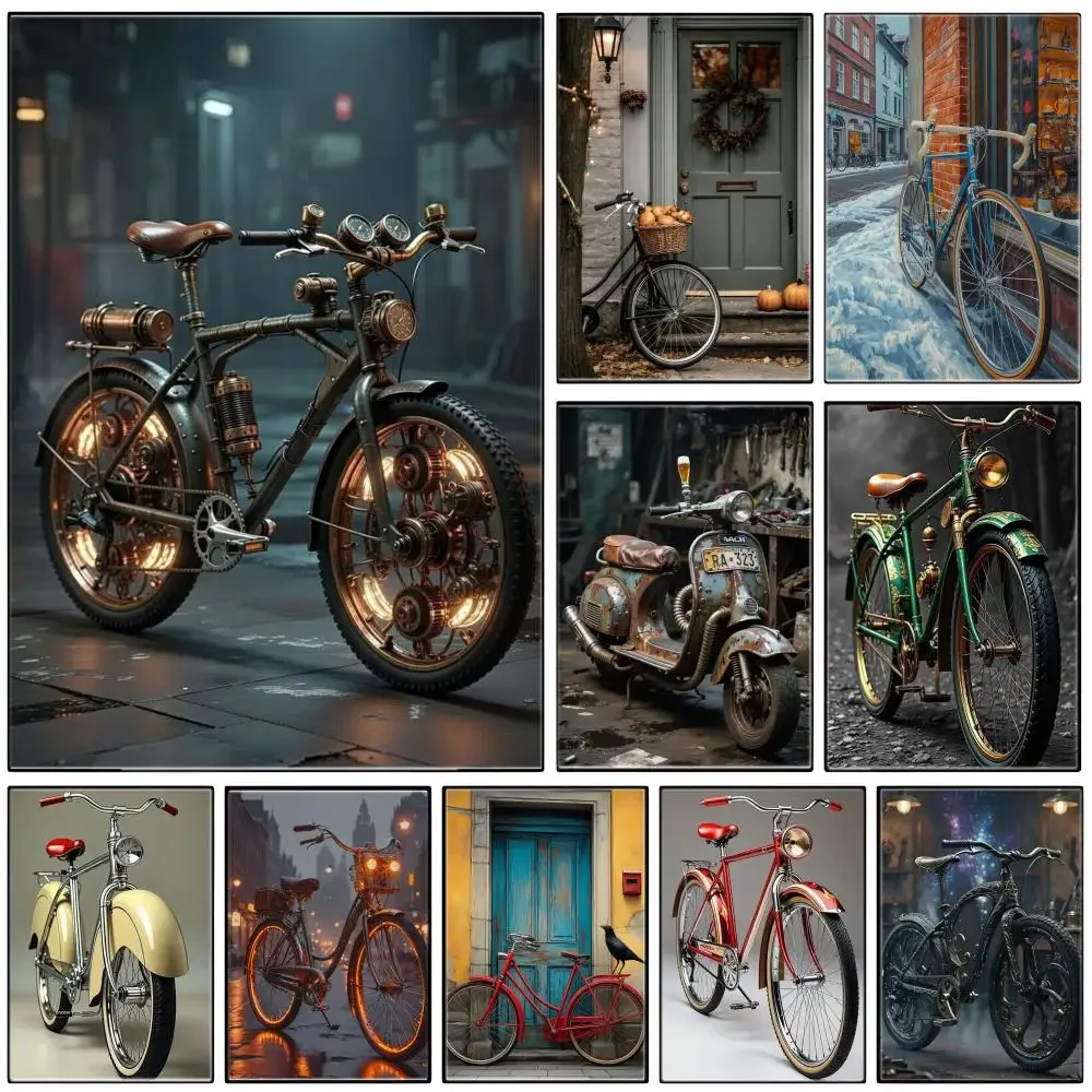 Illustration B-bikes Poster Self-adhesive Art Waterproof Paper Sticker Coffee House Bar Room Wall Decor
