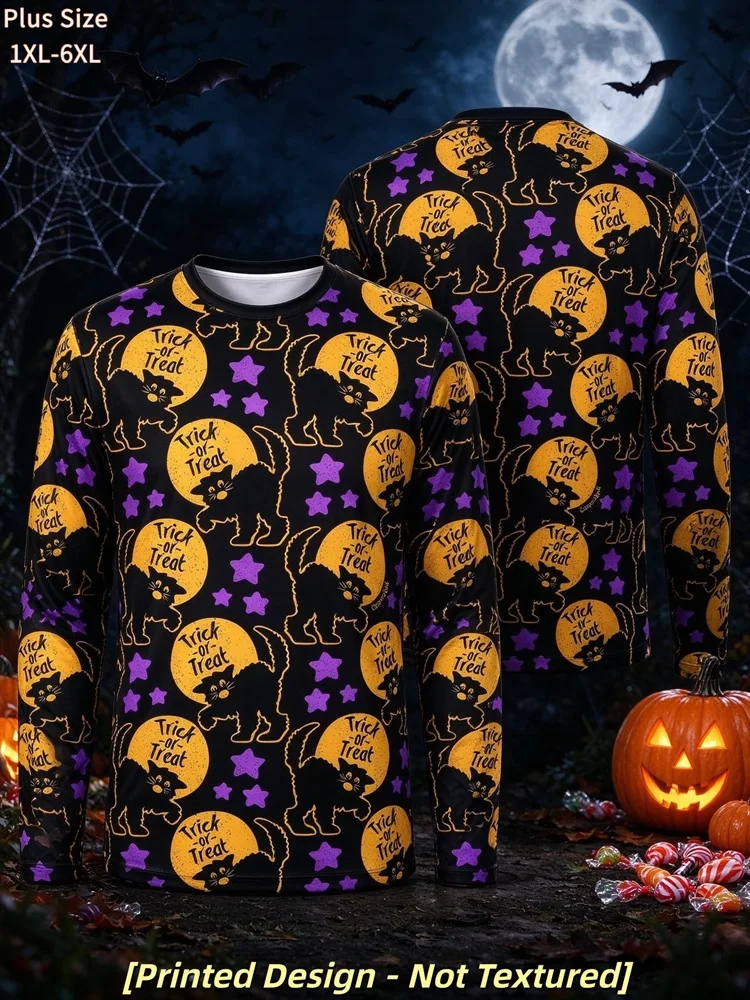 Men's Halloween Trick or Treat Black Cat Moon Star Long Sleeve T-Shirt All Over Print Graphic Tee Spooky Pullover Tops Gift