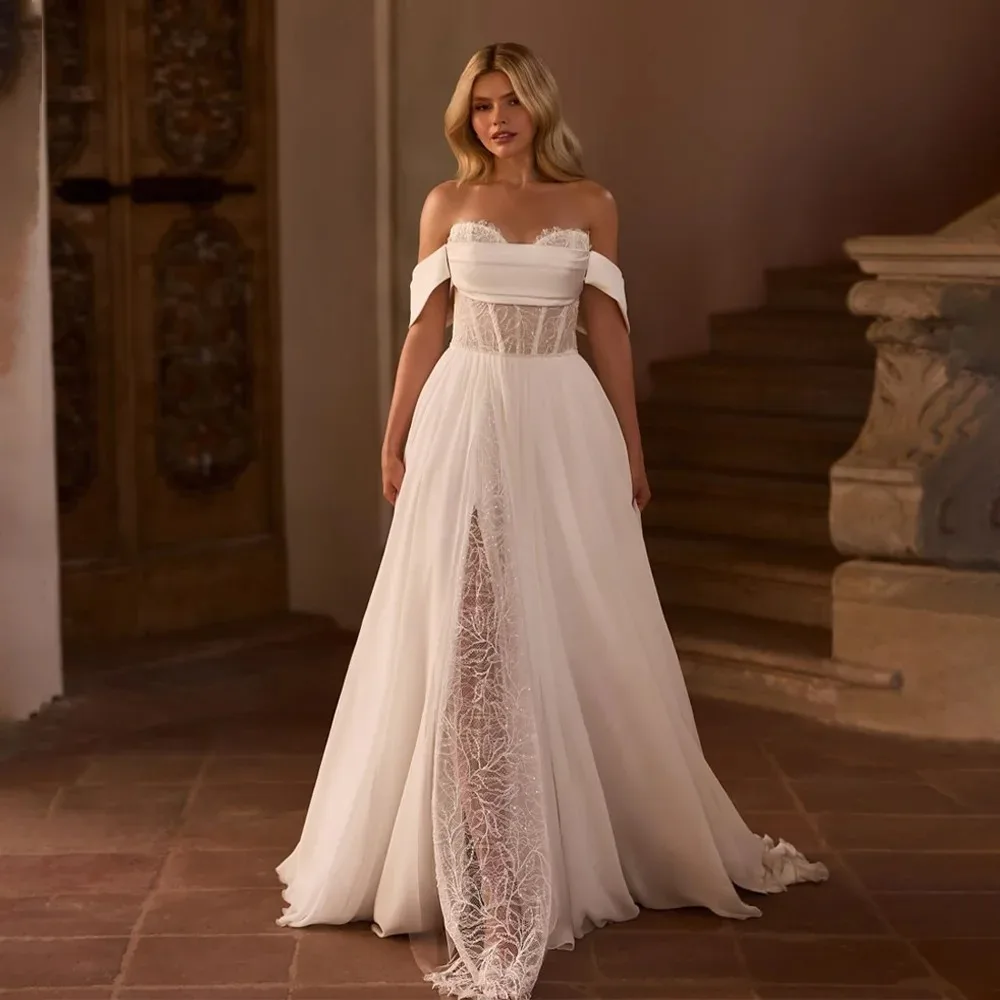 بوهو الحبيب طوق تول الدانتيل ألف خط الجانب الشق ثوب زفاف عارية الذراعين كم طويل الوهم فستان الزفاف مع قطار مخصص