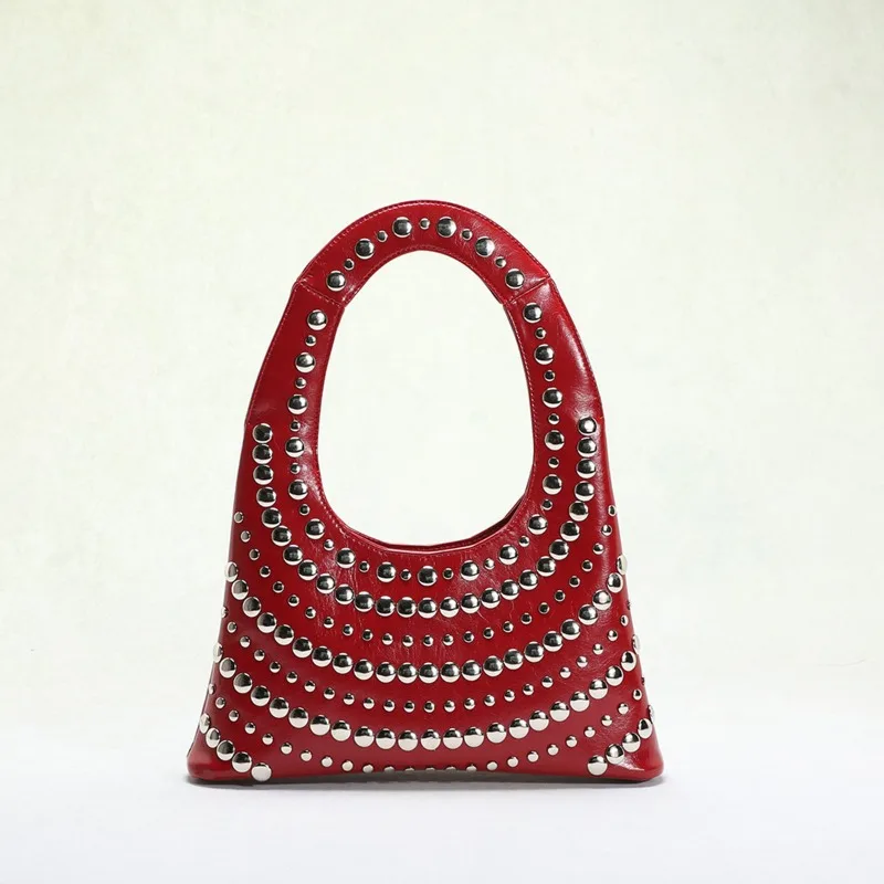 

Сумка-багет в стиле панк с заклепками, U-образная, женская, из ангоры, красная, на плечо, для повседневного использования, модная