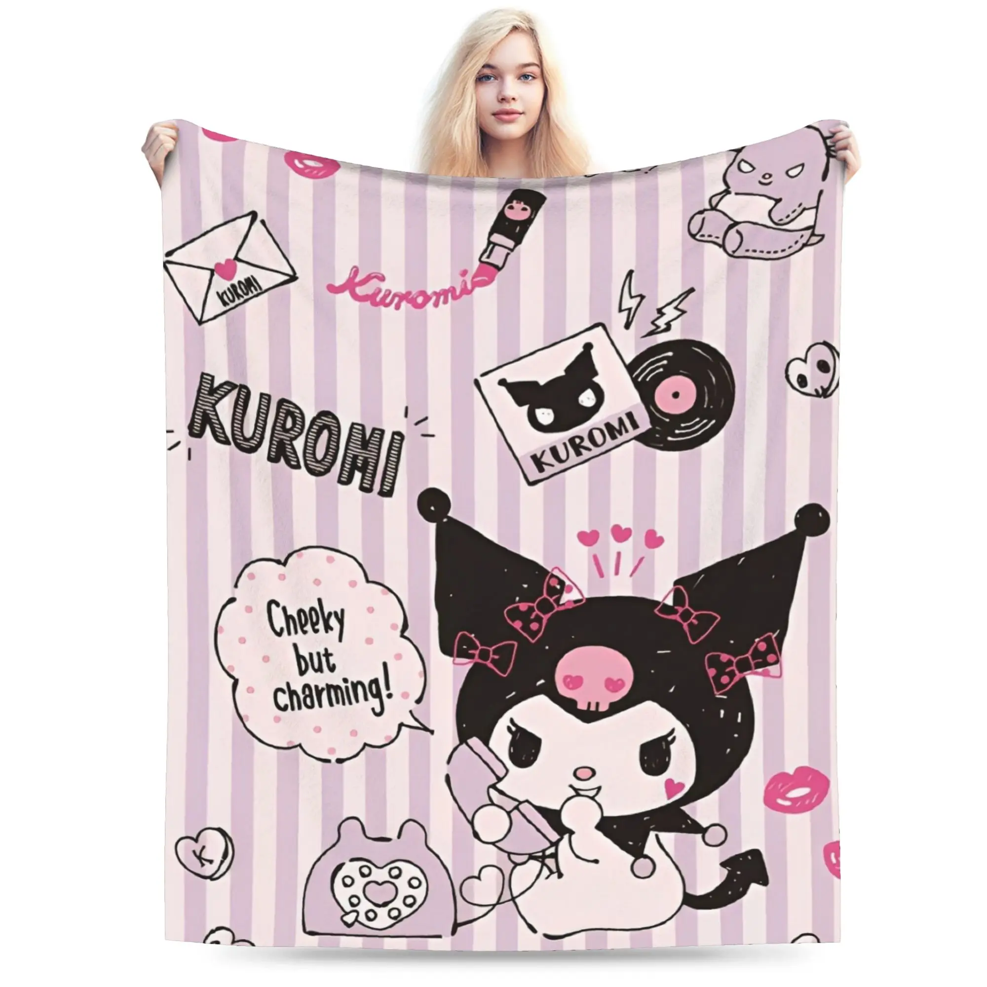 

Warm BlanketBoy Girl Airplane Travel Cute Kuromi Throw Blanket Flannel Bedspread For Outdoor Novelty Sofa Bed Cover