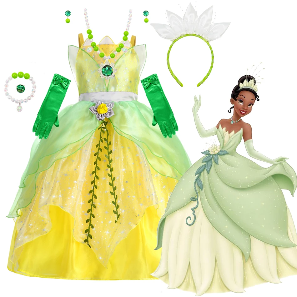 Disney Princess Tiana Dress Movie Prince And Frog Characters Play Costume Children Halloween Birthday Carnival Party Outfits