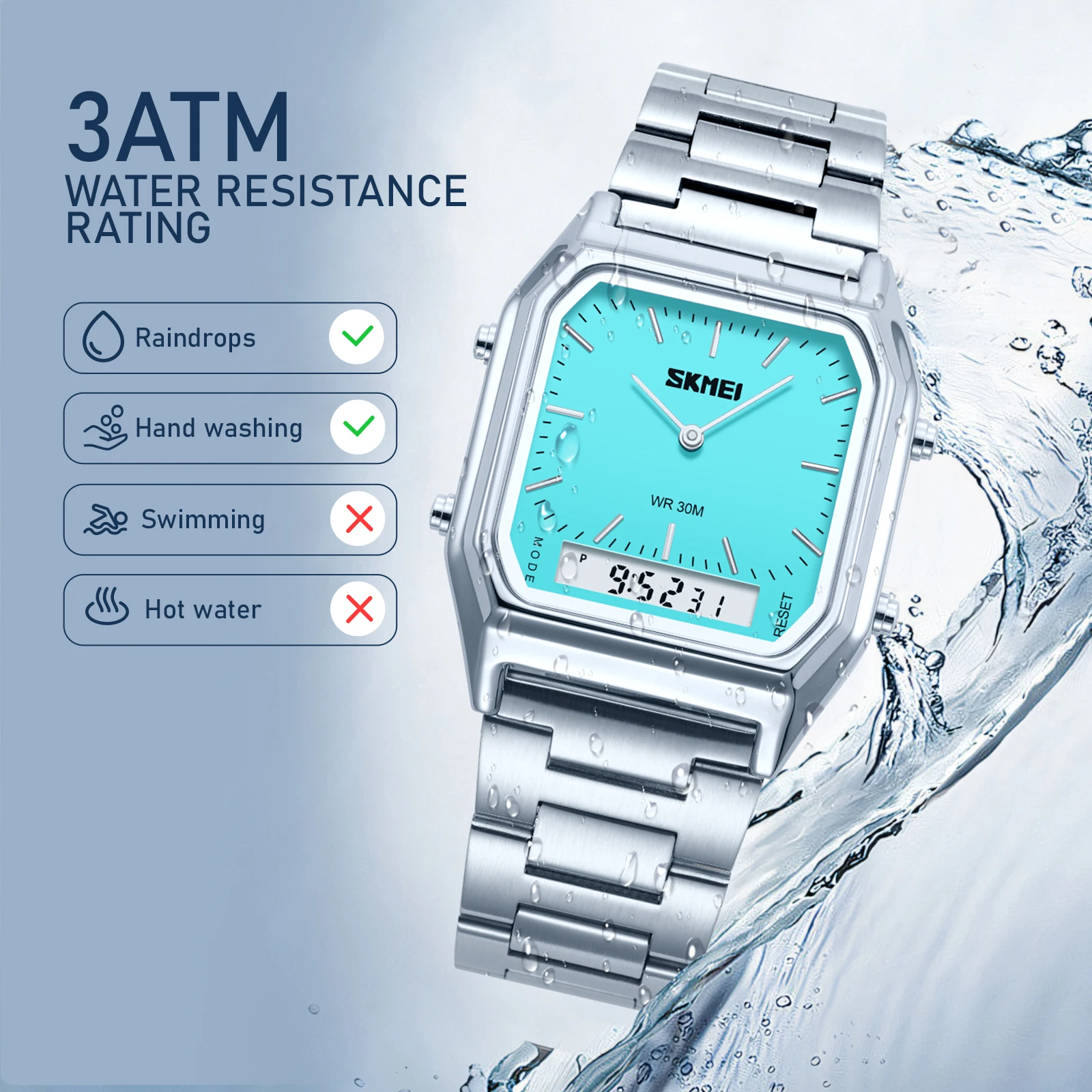 SKMEI 3Time Luminous Wristwatches Waterproof Dual Display Digital Electronics Watch Fashion Quartz Watches For Men Women Student