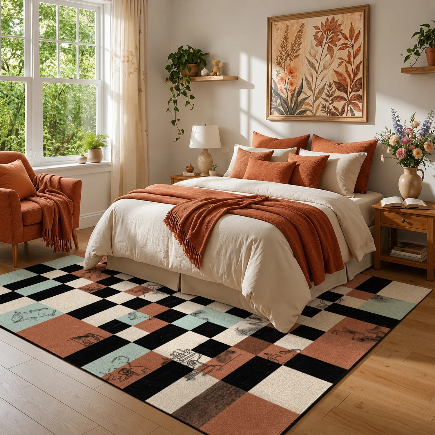 Checkered Sketch Line Art Pattern Area Rug, Velvet Fabric, Machine Washable, Suitable for Living Room, Bedroom, Dining Room, Entryway, Ideal for Halloween, Thanksgiving, Christmas, New Year, Black Friday, Cyber Monday Decor