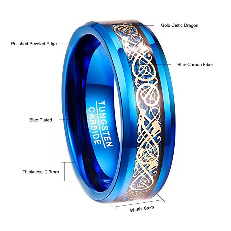 JQUEEN 8mm Men\'s Tungsten Carbide Ring Celtic Dragon Wedding Ring Band Blue/Black Carbon Fiber Engagement Ring Size 5-14