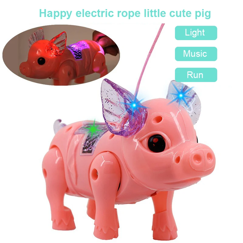 Electric Pulling Rope Pig Batteries Powered Luminous Music Walking Pig Toy Pets Interactive Toys With Light For Children Gifts