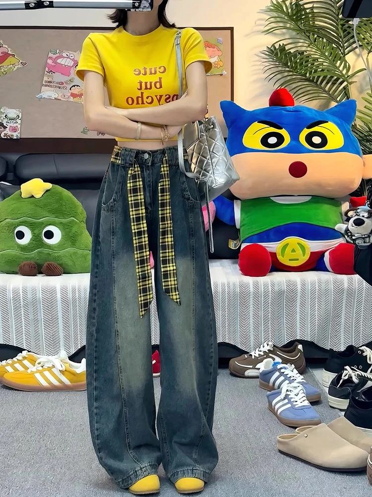 

Американские ретро джинсы с ножом, мужские свободные прямые брюки длиной до пола, модные повседневные универсальные тонкие широкие длинные брюки