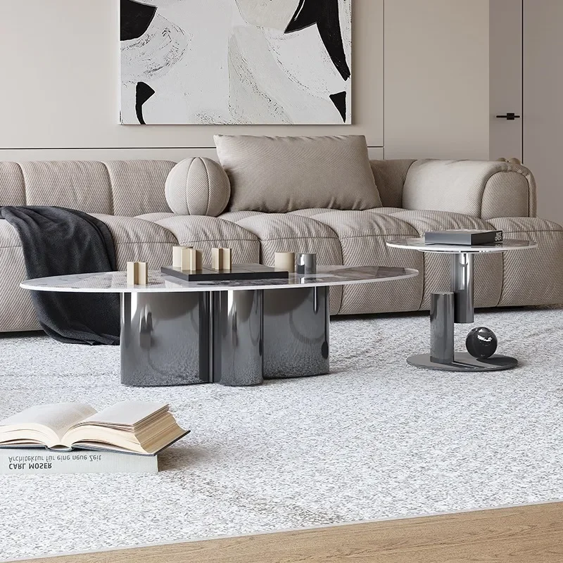 Italian Sintered Stone Coffee Table Oval Stainless Steel Base Modern Light Luxury Living Room Side Table Designer Home
