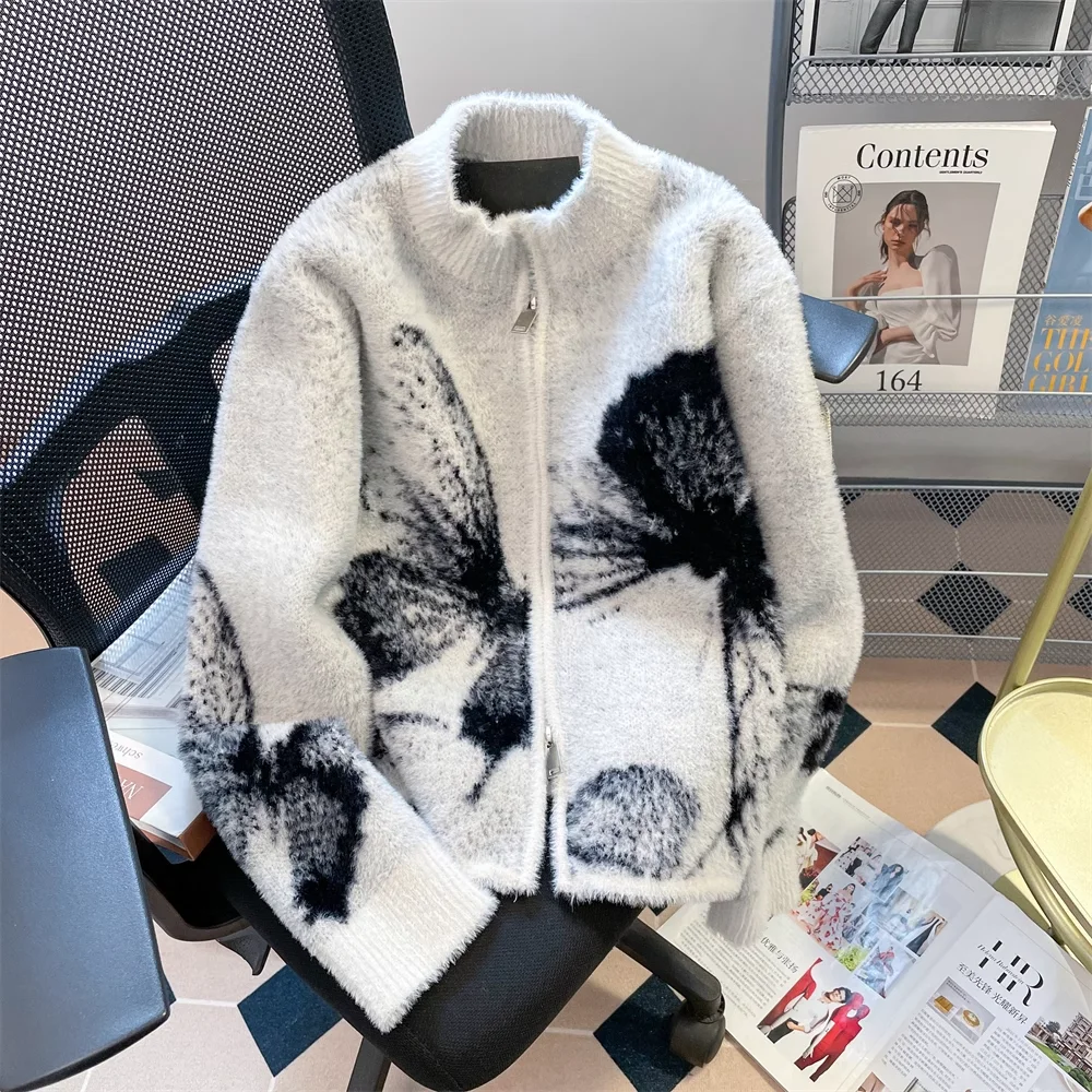 

Imitation Mink Fur Knitted Cardigan For Women Butterfly Jacquard Zipper Sweater Coat American Casual Fashion Autumn Knit Top