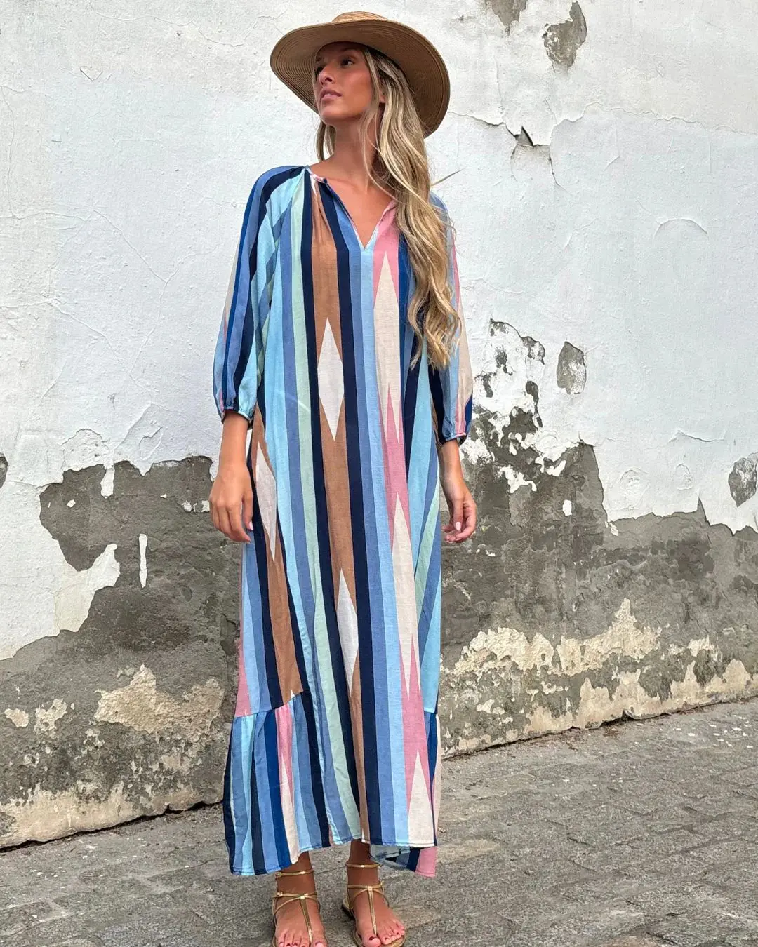 Robe décontractée pour femmes, vacances, mode couleur imprimée, col en v, manches sept-quarts, surdimensionnée, ample, nouvelle collection printemps et automne 2025