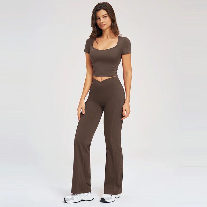 Women's Premium Yoga 2PCS Short Sleeve Top High Waist Flared Pants 78%Nylon+22%Spandex Slim Fit Breathable Gym Workout Tracksuit