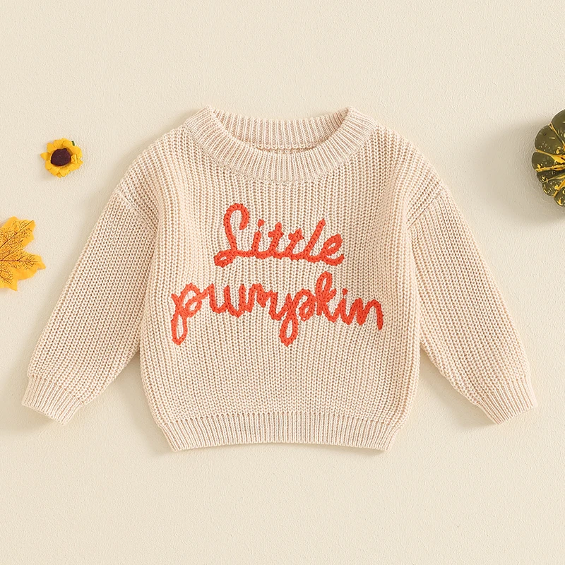 Newborn Baby Boy Girl Halloween Jumper Pumpkin Letter Embroidery Crew Neck Sweatshirt Toddler Fall Long Sleeve Knit Pullovers