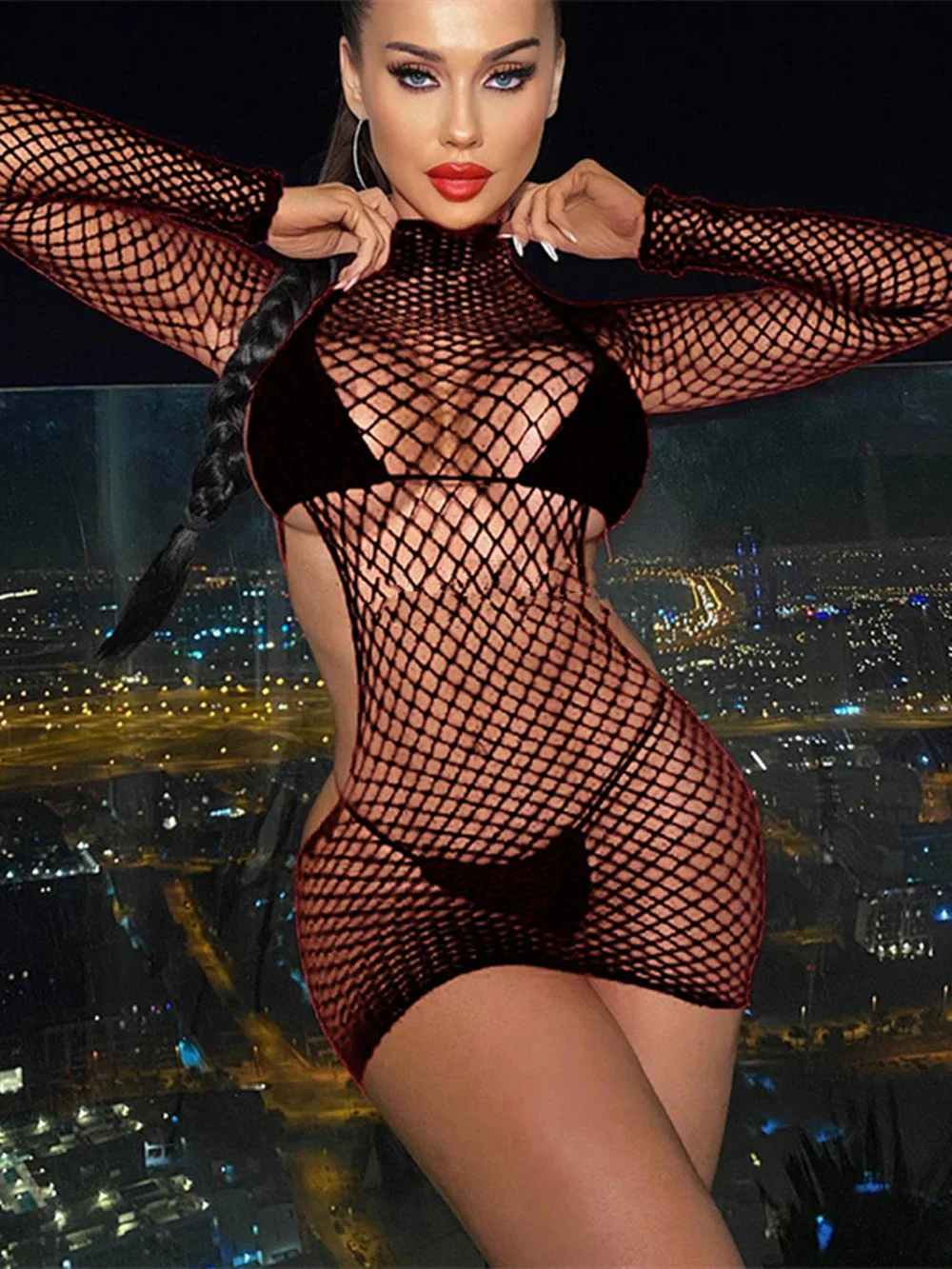 حار شفاف فستان قصير مثير الملابس الداخلية للنساء جوفاء الجاكار ضيق فستان بيبي دول مثير زي عارية الذراعين فستان شبكة صيد السمك