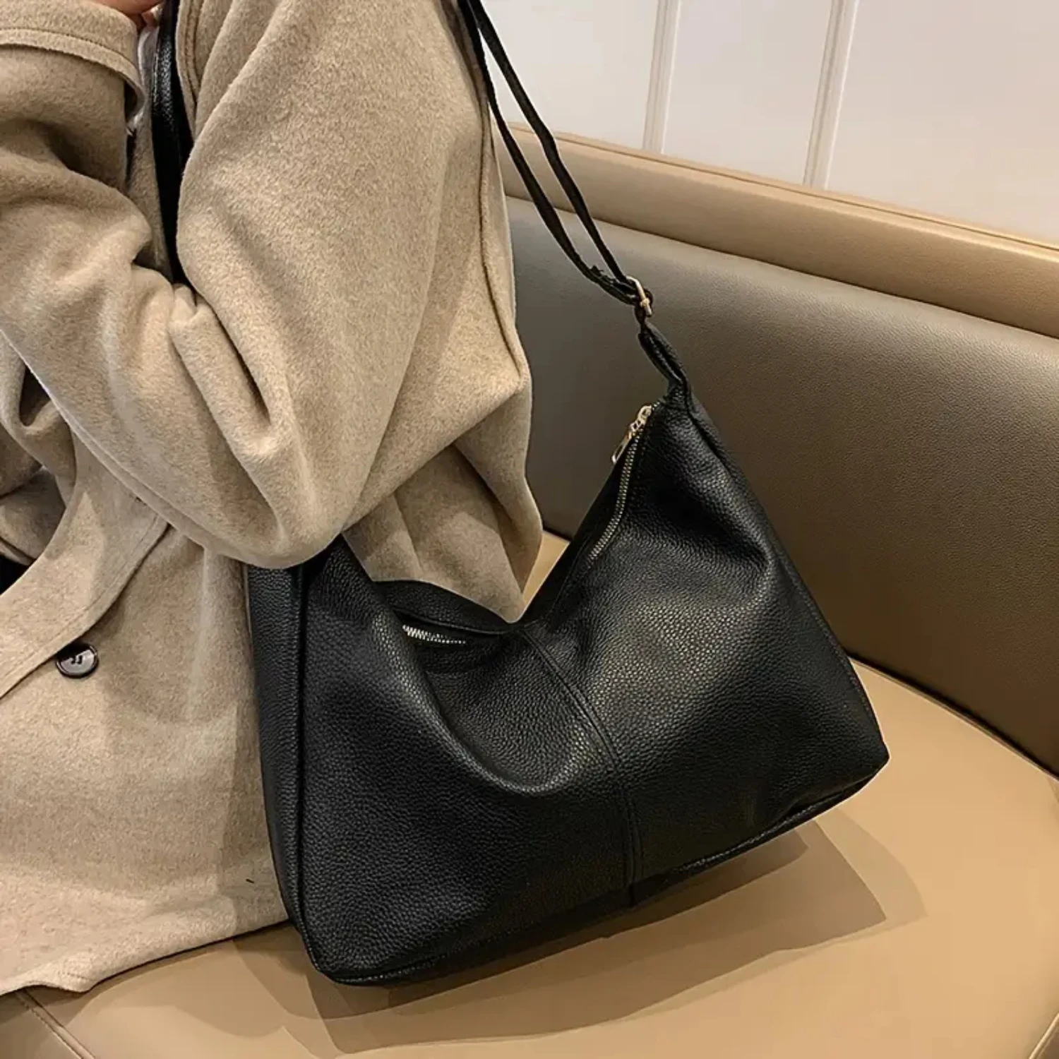 

Solid Color Tote Bag, Elegant Large Handbag Women's Stylish Zipper Shoulder Bag