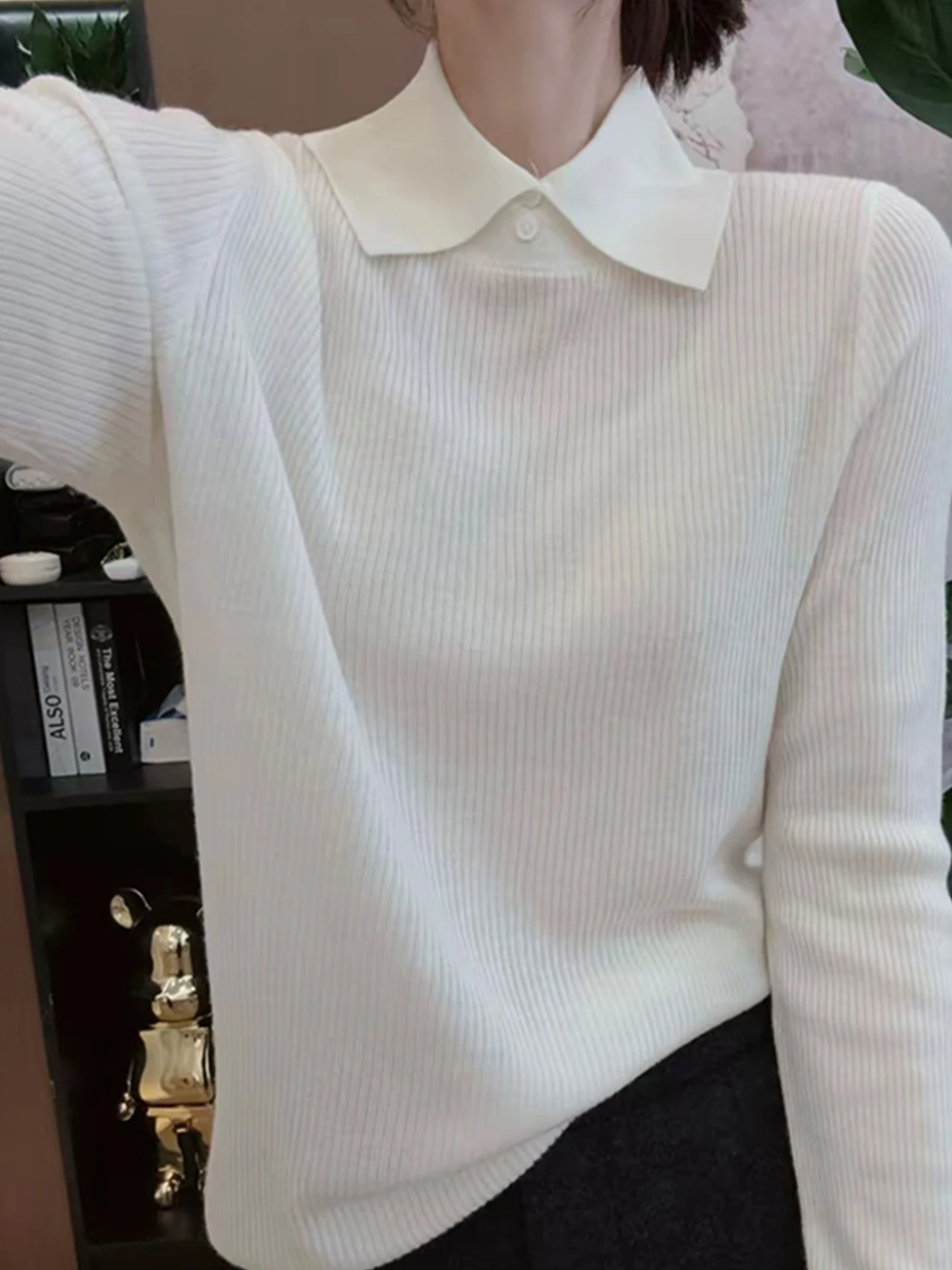 Koreaanse Sle Long Sve gebreide trui pure kleur kraag basislaag top dames faionable winter faion leeftijdsreductie