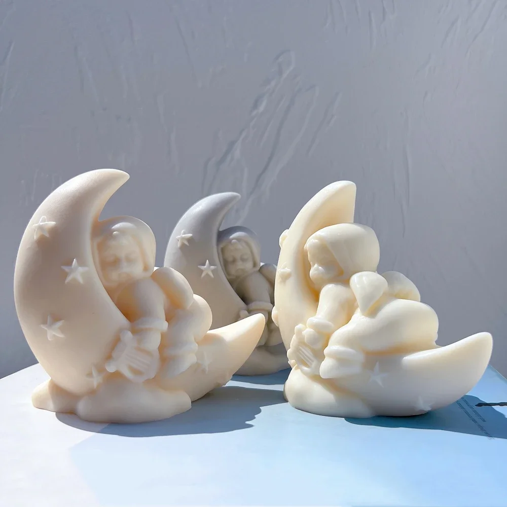 Cute Angel Sitting on the Moon Silicone Mold Boy Art Sculpture Soy Wax Candle Mould Cherub Statue Home Decor Gardening Crafts