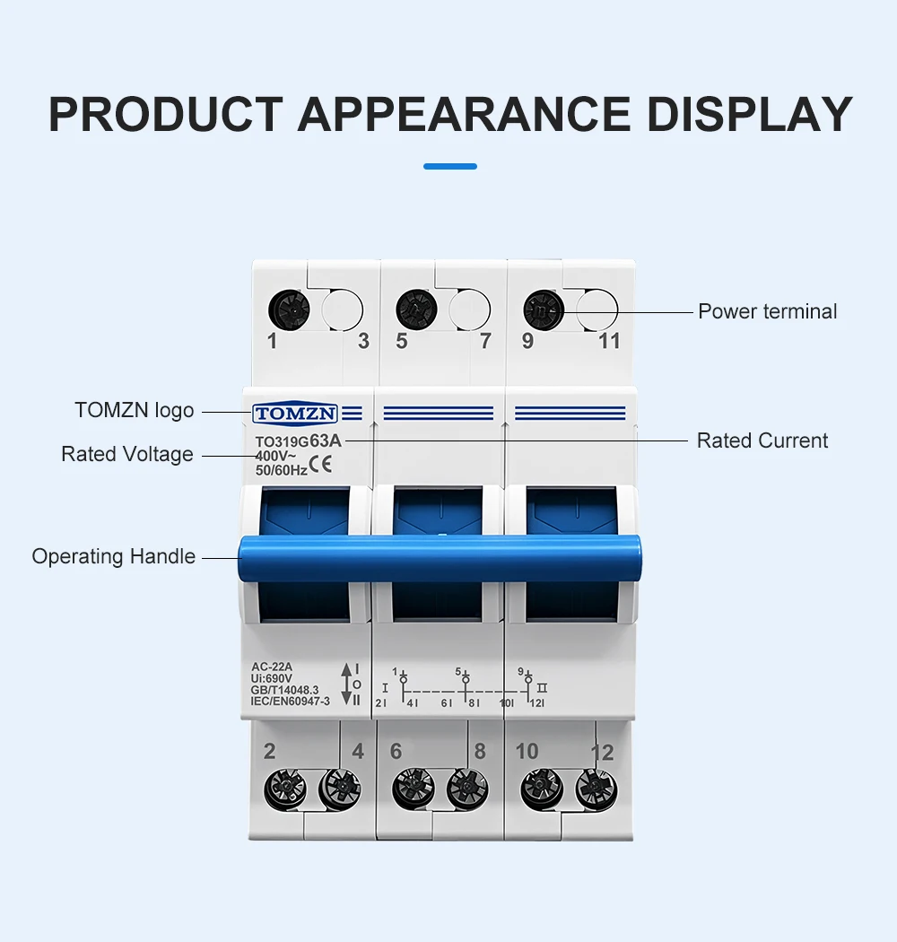 1P 2P 3P 4P 63A TOMZN MTS Dual Power Manueller Übertragungs-Trennschalter Interlock-Leistungsschalter – Detail 13