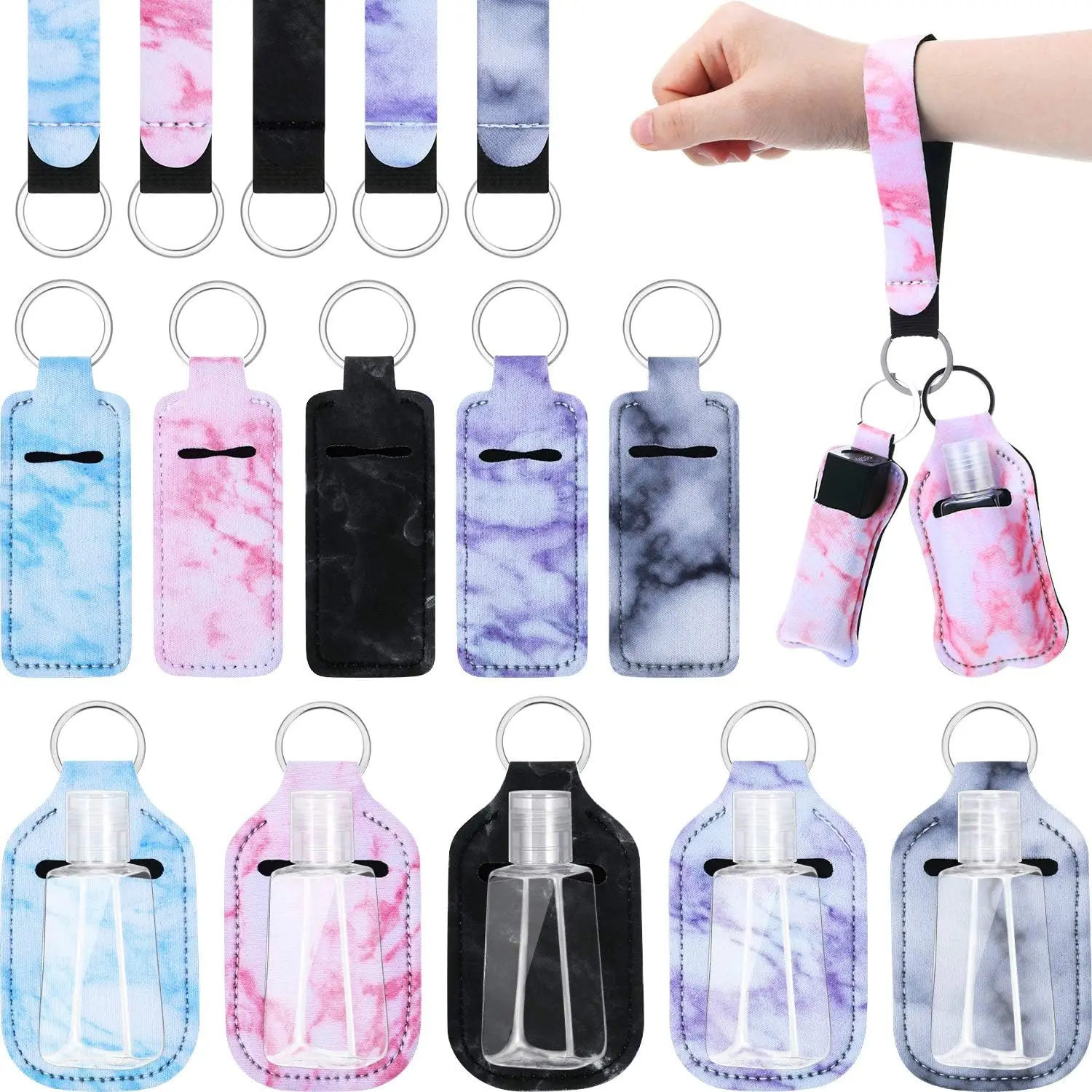 Marble Style Travel Bottle Keychain Holders Set 5 Lipstick Holder 5 Keychain Wristlet Lanyards Keychain 5 Plastic Empty Bottles