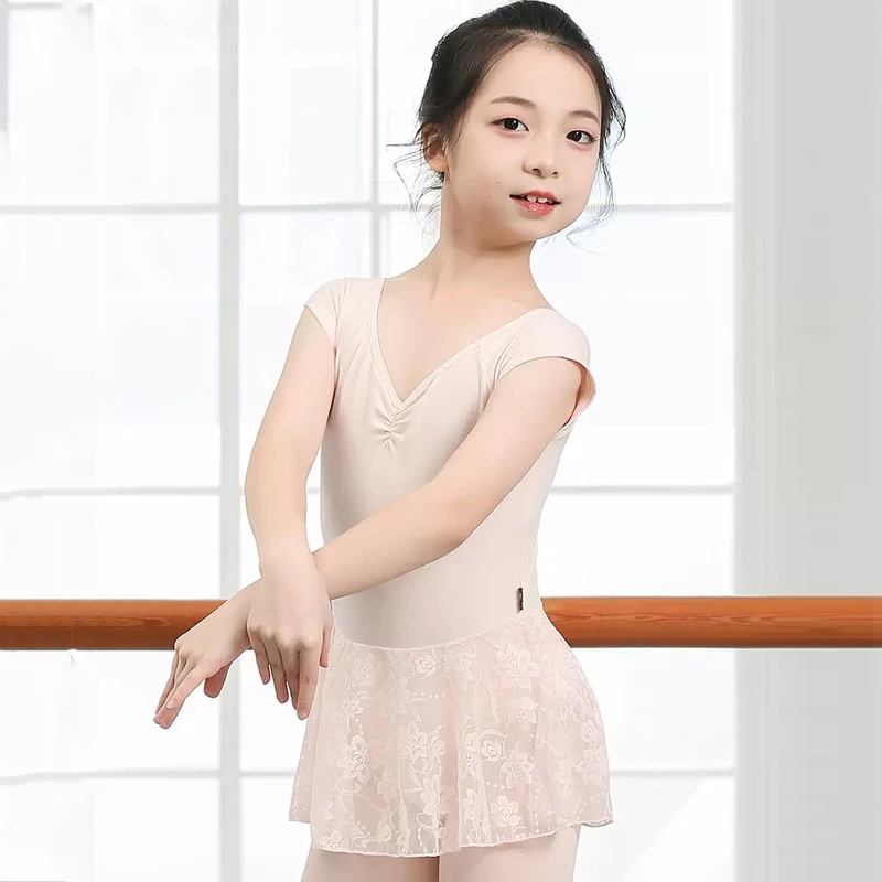 สาว Leotard คลาสสิกกระโปรงบัลเล่ต์ผ้า Dance สวมเสื้อแขนสั้นผ้าฝ้าย Ballerina Dancewear ชุดว่ายน้ำการปฏิบัติชุดบอดี้สูท