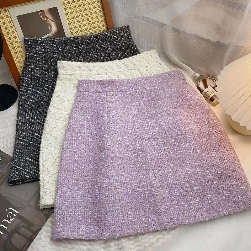 

High Waist Tweed Women Mini Skirts Y2K Sweet Preppy Casual A Line Skirts Korean New Female All Match Blended Skirts