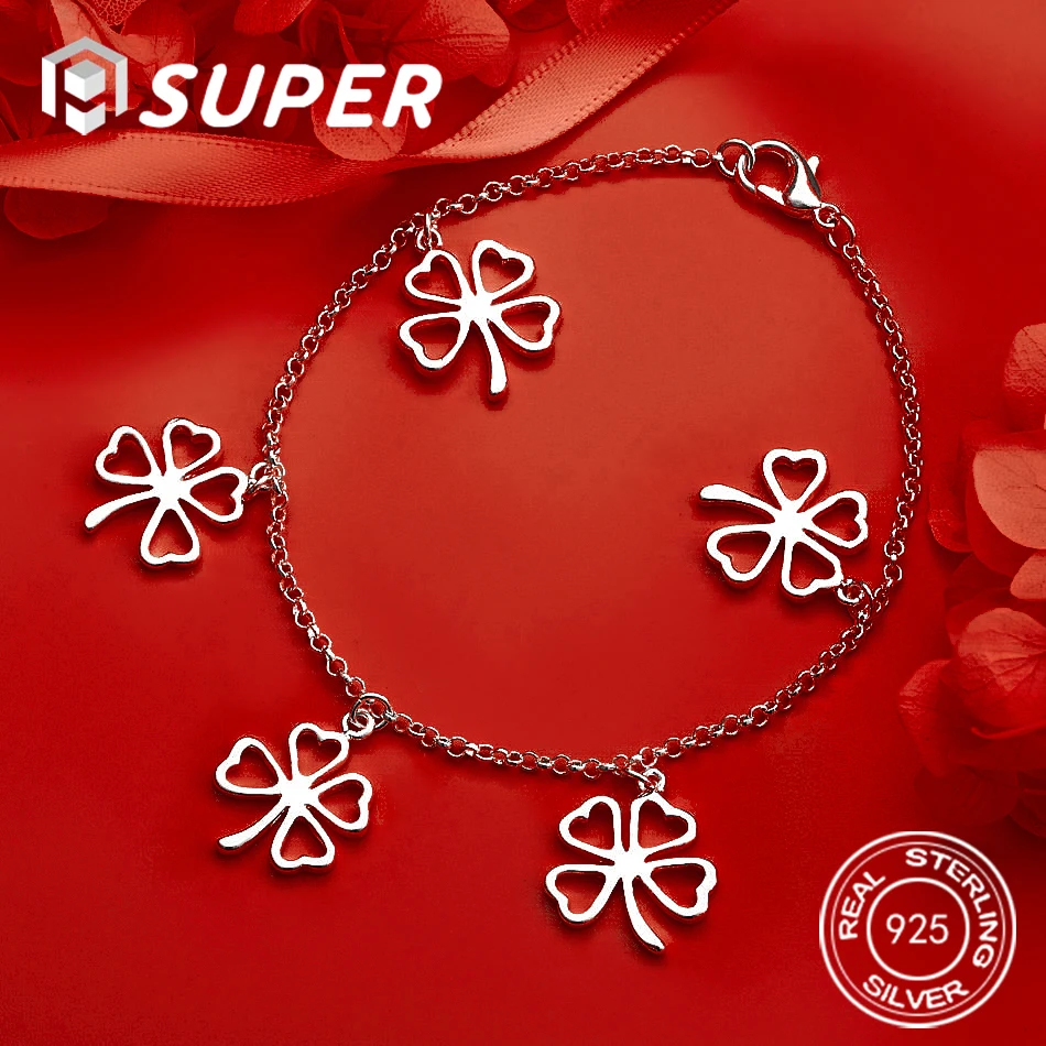 

ALISuper 925 Sterling Silver 8-inch Exquisite Four-Leaf Clover Bracelet for Women, Fashionable Engagement Jewelry Accessories