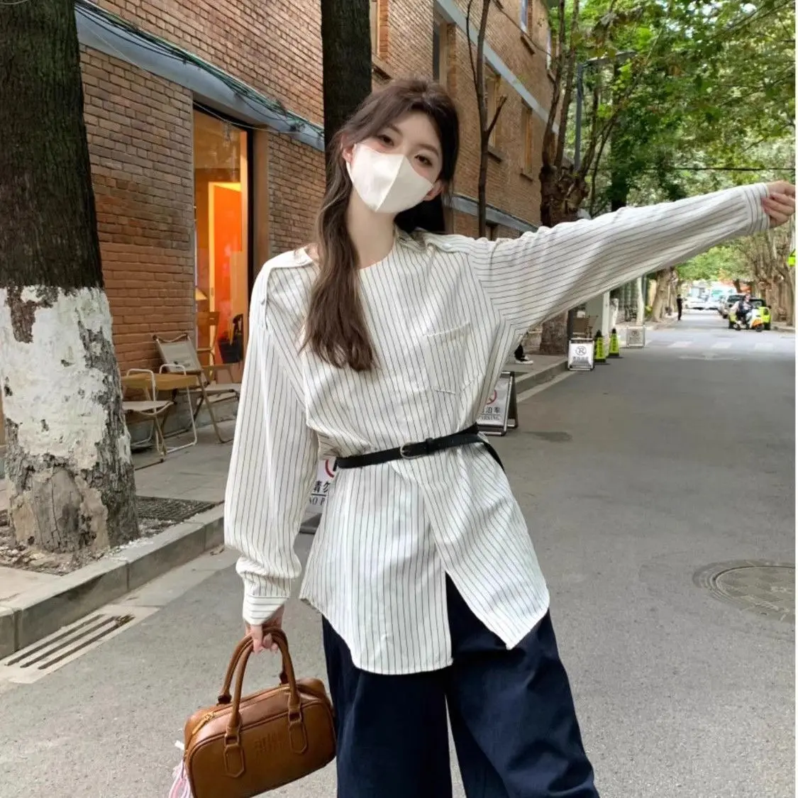 Korean Style Fashion Casual Original Design Striped Off Shoulder Long Sleeved Shirt Autumn New Elegant Loose Popular Women\'s Top