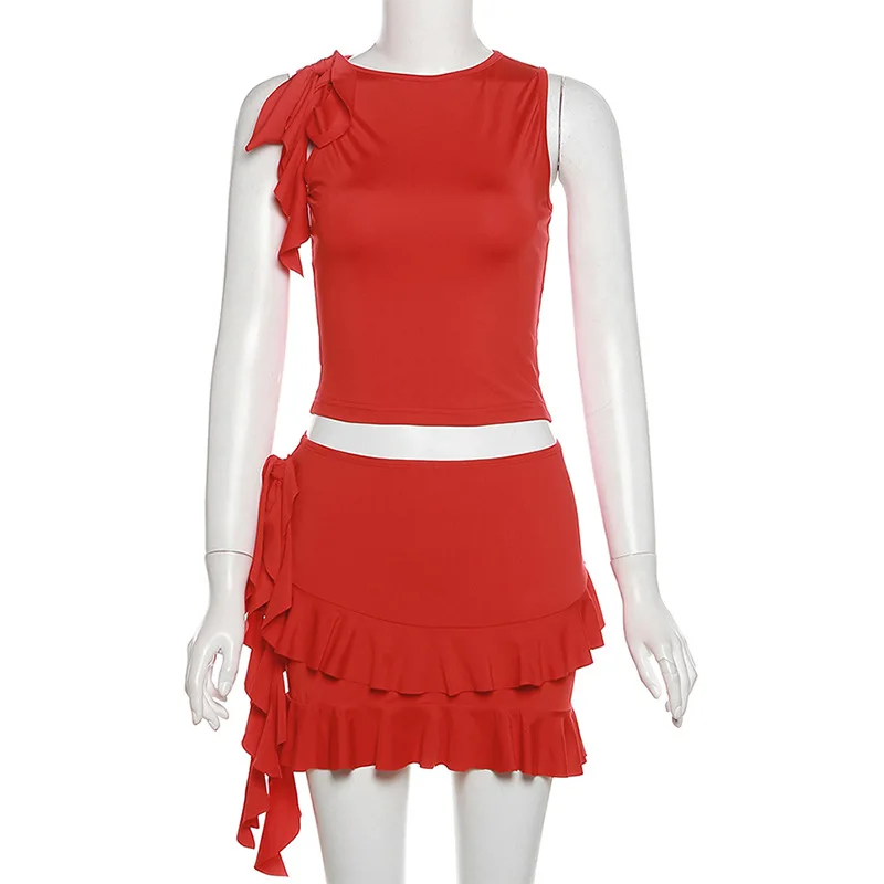 Gtpdpllt Fashion Two Piece Set Crop Top And Mini Skirt Red Tiered Dress Y2k Clothes Sexy Summer Outfits For Women 2024