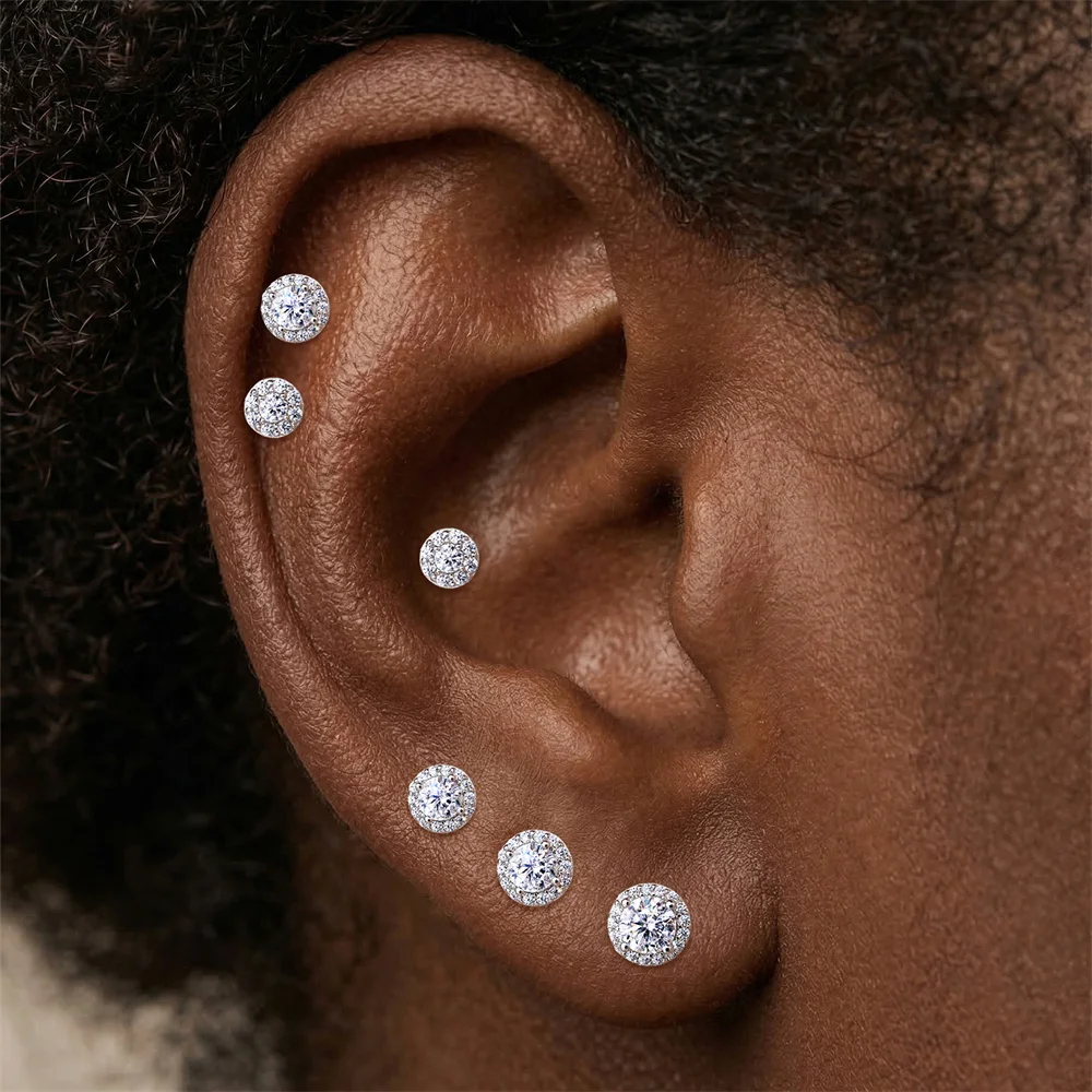 Aide 1 Stück 925 Sterling Silber Moissanit Halo Piercing Ohrstecker mit Schraubverschluss, rund, für Knorpel, 2-4 mm, für Damen und Herren – Detail 26