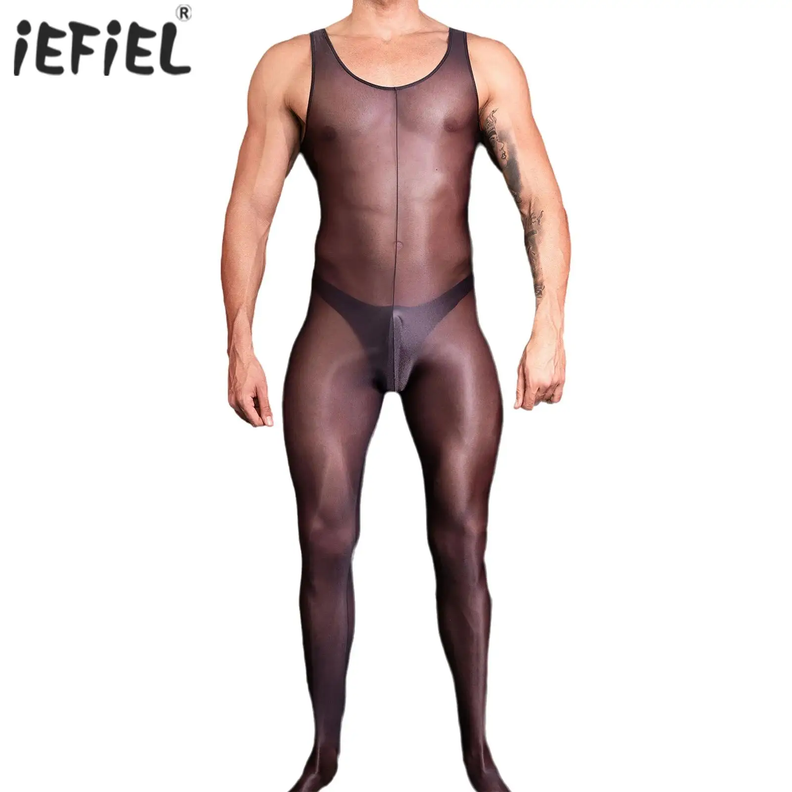 

Mens Exotic Teddies Glossy Sheer Open Crotch Bodysuit Sleeveless Footed Jumpsuit Catsuit Lingerie Tempting Nightwear Clubwear