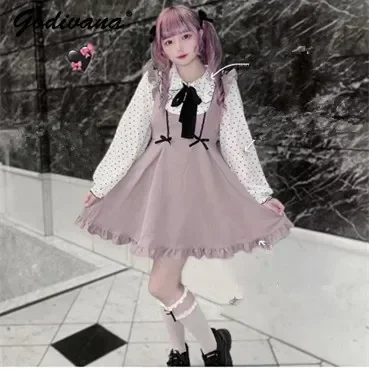 

Женское Короткое платье без рукавов, однотонное платье-чехол в японском стиле Лолита с оборками и бантом, новинка на осень