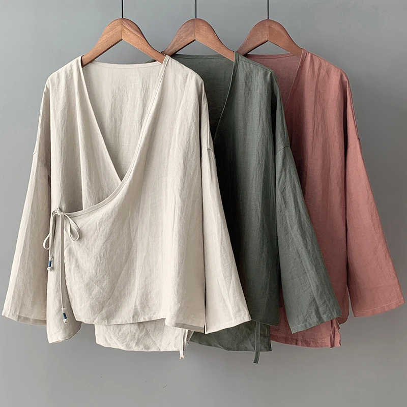 

High-End Cotton Linen Oversized Women's Shirt Vintage Artistic Loose Fit Button-Up Cardigan Tea Ceremony Wear Slimming Top