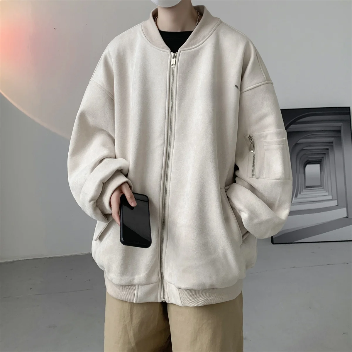 

Мужская бейсбольная куртка-пилот из утолщенной замши на весну-осень-зиму, теплая, с длинными рукавами, на молнии, свободного кроя, модная