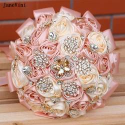 JaneVini-Ramo De Novia De diamantes De imitación, joyería De lujo, Rosa rubor, cristal brillante, rosas artificiales De satén, Ramo De boda