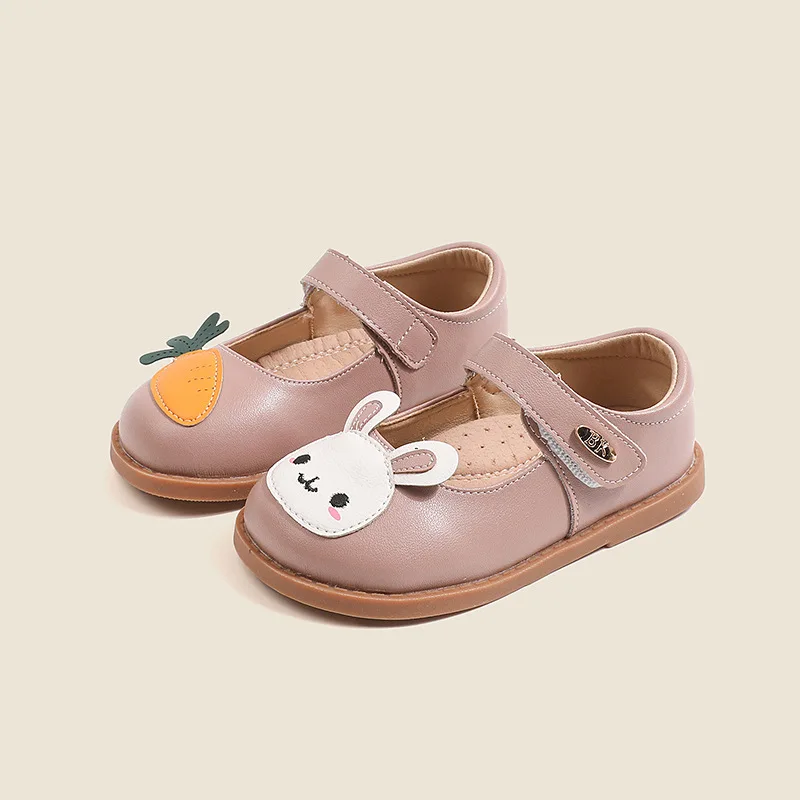 Autumn Genuine Leather Cartoon Rabbit Carrot Baby Girls\' Flat Shoes High Quality Arch Insole Little Kids Mary Jane Shoes